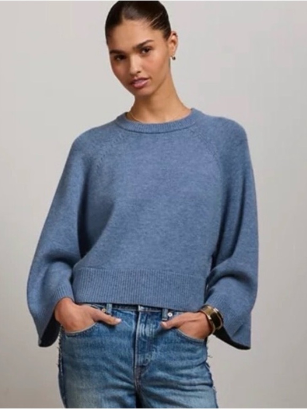 Cable Trim Raglan-Sleeve Sweater in Denim Blue